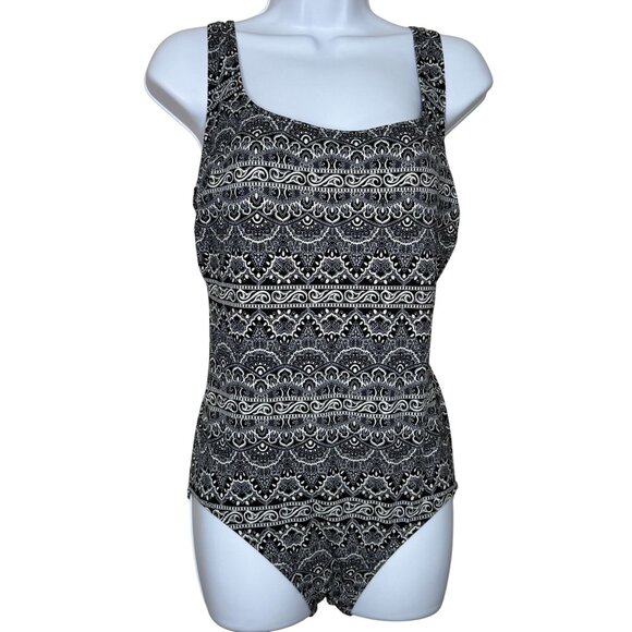Vintage Robby Len One-Piece Swimsuit Criss Cross Back Black White Print‎ Size 14 - Picture 8 of 10